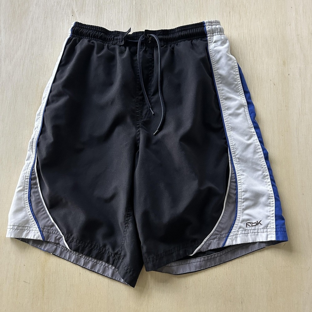 RBK Shorts Mens Small Black Blue Colorblock Mesh Running Athletic Gym 10 Inseam